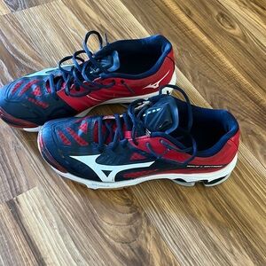Red white and blue Mizuno volleyball shoes